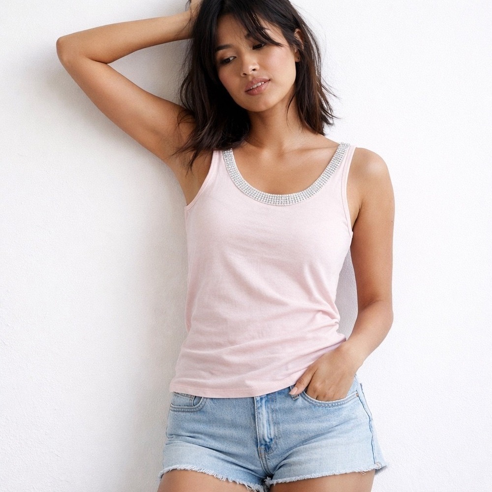 Y2K Talbots Petites Women's Pink Tank Top Silver Trim Size S Sleeveless Coquette